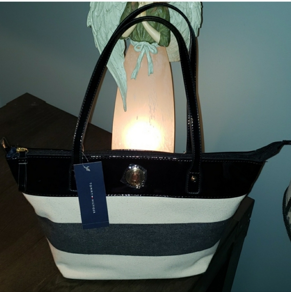 New Tommy Hilfiger Striped Colorblock Large Beach Tote In Navy/White 9'H X 15'"